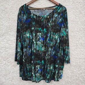 Sympli Top Womens 18 Black Teal Blue Abstract Print Jersey Tunic Scoop Neck